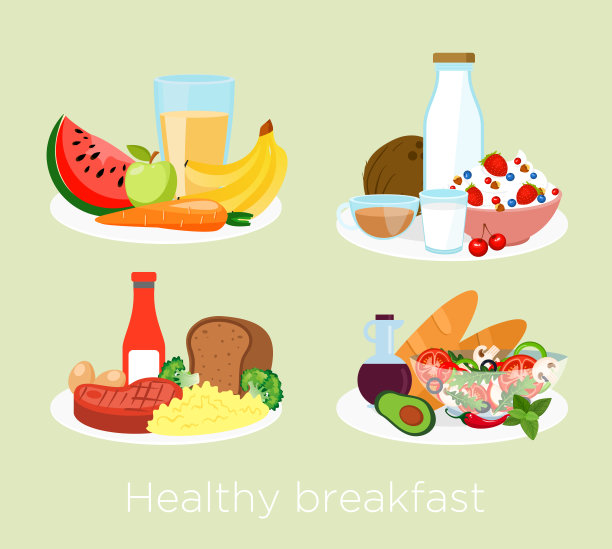 矢量插图设置不同的早餐，食物图标。牛奶、橙汁、水果、肉类、咖啡、面包和沙拉、燕麦片、酸奶在卡通平面风格，健康的食品理念。图片下载