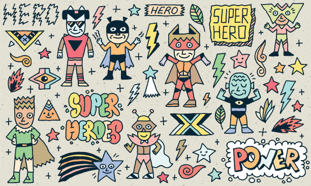 超级英雄滑稽古怪的涂鸦2。颜色绘制。矢量插图。纹理背景。图片下载