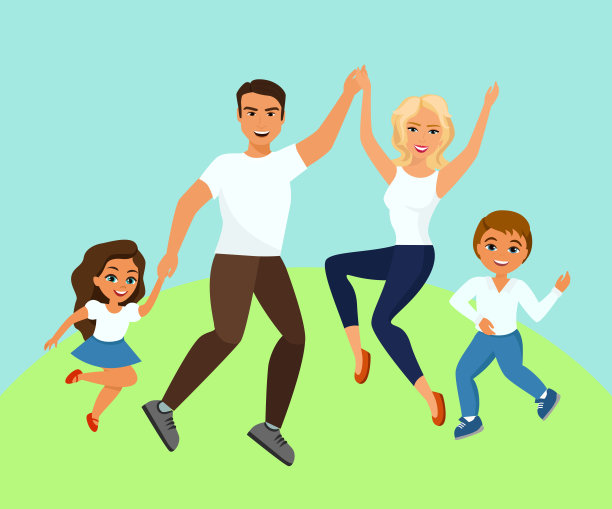 欢乐家庭跳跃的矢量插图。快乐微笑的爸爸妈妈女儿和儿子手牵着手跳在卡通平面设计。图片下载