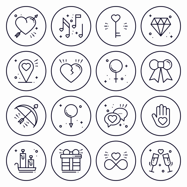 爱线图标概念集。情人节快乐的标志和符号。爱情，情侣，关系，约会，婚礼，假期，浪漫的爱情主题。心,嘴唇,礼物。图片下载