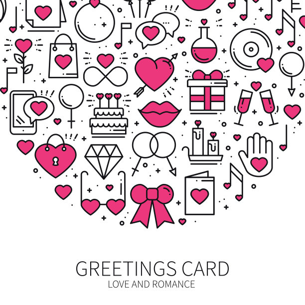 用线条风格用爱的符号圈。爱情情侣关系约会婚礼浪漫的爱情概念主题。独特的情人节圆形印刷。元素,图标。图片下载