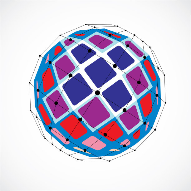 抽象的三维面图形与连接的黑色线和点。向量低聚彩色设计元素创建与正方形。控制论球体形状的网格和线网格。图片下载