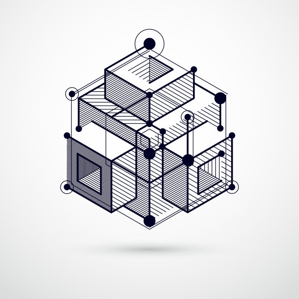 矢量抽象几何三维立方体图案和黑白背景。立方体，六边形，正方形，矩形和不同的抽象元素的布局。图片下载