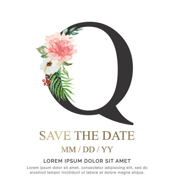 字母水彩花和叶子字母Q。图片下载