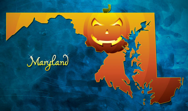 美国马里兰州地图万圣节南瓜脸插画图片下载