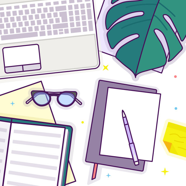 平躺着眼镜，笔记本电脑，打开的书，记事本和怪物图片下载