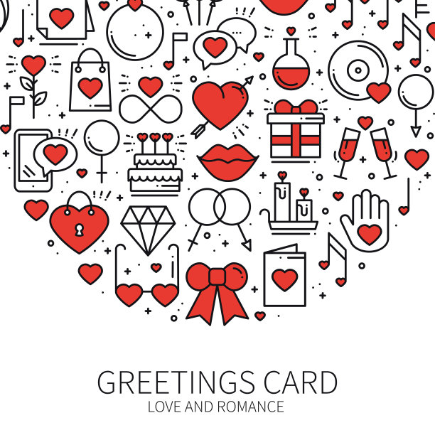 线条风格的圆形设计，带有爱的符号。爱情情侣关系约会婚礼浪漫的爱情概念主题。独特的情人节圆形印刷。元素,图标。图片下载