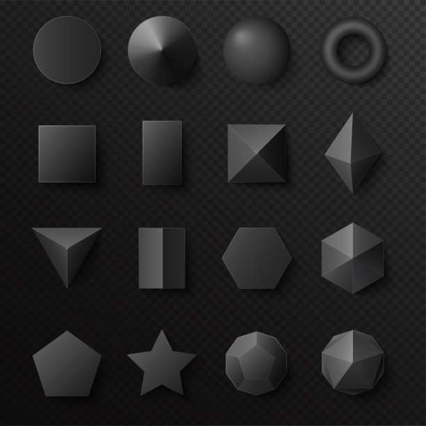 3d体积黑色形状数字集。带有阴影的真实向量原语。素材图片