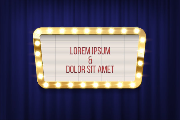 复古影院公告板与灯泡框架上的蓝色窗帘背景。矢量设计元素。图片下载