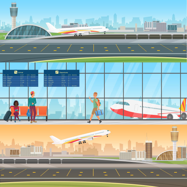 机场详细水平矢量横幅模板。飞机到达和离开。候机室里有乘客。以起飞和降落飞机的旅行概念。图片下载