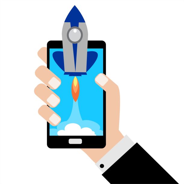 一个拿着火箭的智能手机的商人。创业的概念。图片下载