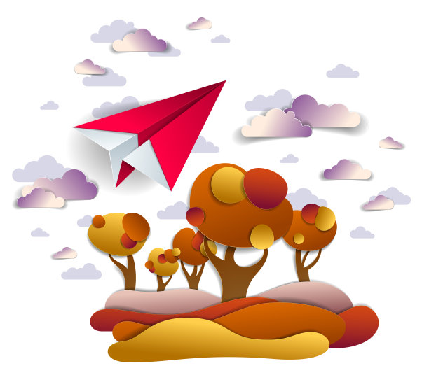 折纸飞机玩具飞行在秋天的天空上，红色和黄色的草地和树木，完美的矢量插画风景秋天的自然景观与玩具飞机起飞，航空公司的航空旅行主题。图片下载