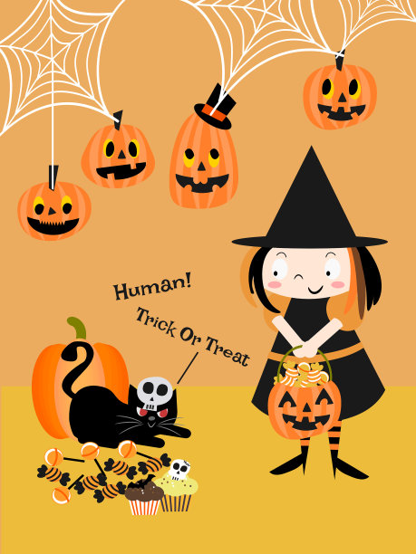 可爱的巫婆和黑猫在万圣节。图片下载