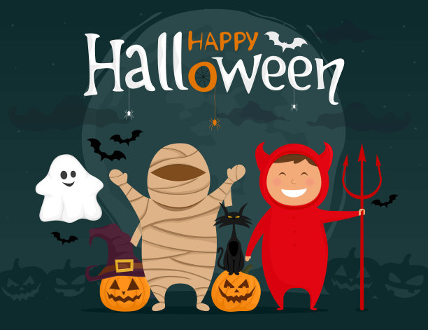 和穿着戏服的孩子们一起过万圣节快乐。妈妈，魔鬼，幽灵，南瓜和黑猫卡通人物。矢量插图。图片下载