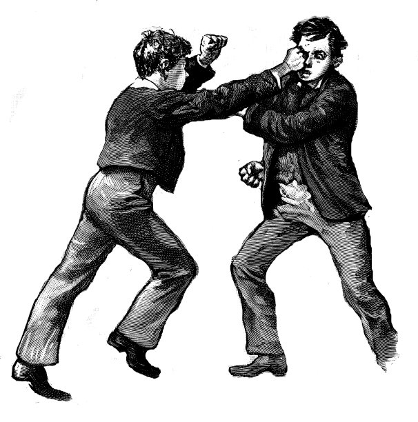 维多利亚时代的黑白版画，两个年轻的学校男孩在制服战斗;男孩自己的报纸1892年图片下载