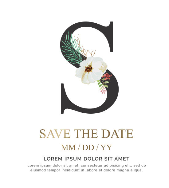 字母水彩花和叶S。图片下载