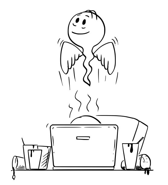 在电脑上工作时死去的人或商人的卡通图片下载