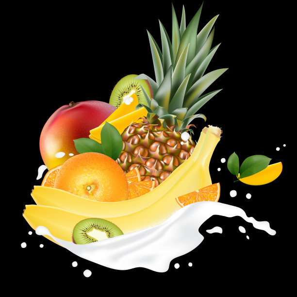 矢量广告3d推广横幅，逼真的芒果，桃子，柠檬，橙子，香蕉，菠萝，猕猴桃掉落片，果汁滴，维生素，叶子。冰淇淋、酸奶品牌图片下载