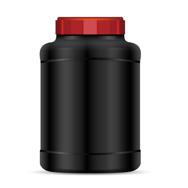 黑色蛋白质粉末容器，红色盖子。运动食品瓶。蛋白质运动营养罐矢量模型说明。图片下载