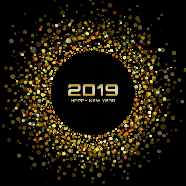 2019新年金色卡片背景，金色纸屑发光圆圈框架矢量素材图片下载