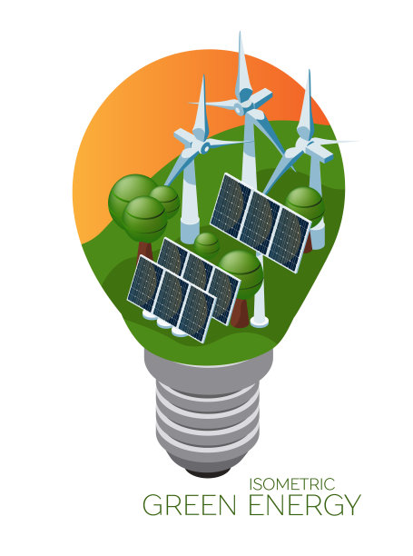 绿色能源，可再生能源的灯泡。环保的概念。等距,3 d图片下载