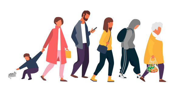 一群穿着秋衣的人在散步。矢量图图片下载