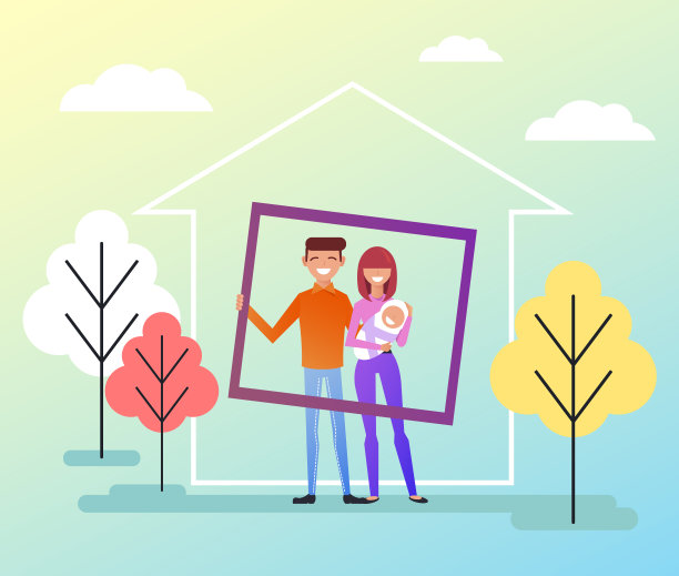 幸福微笑的家庭成员丈夫，妻子和孩子的性格站在一起的家附近的照片。新家庭的社会福利抵押。矢量平面卡通孤立的插图图片下载