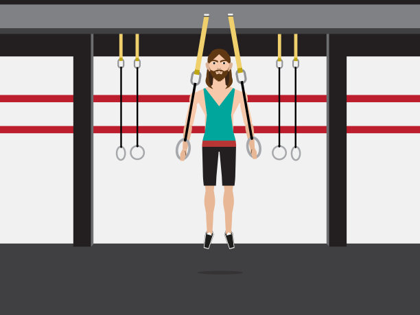 蓄着胡子的健美运动员在室内健身房用滑轮做手臂锻炼，在健身房进行重量肌肉训练。图片下载