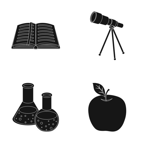 一本带书签的打开的书，一个望远镜，一个带试剂的玻璃瓶，一个红苹果。学校和教育集合图标在黑色风格向量符号股票插图网。图片下载
