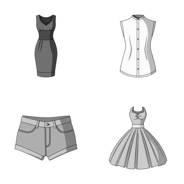 女性服装卡通图标集设计。服装品种和配件矢量符号股票网络插图。图片下载