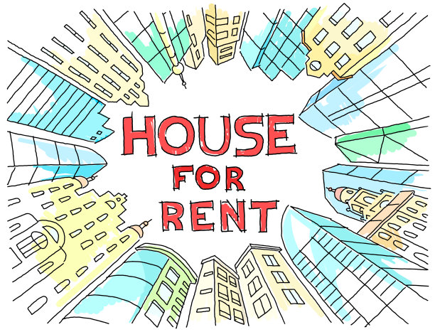 背景文字介绍了房地产租赁的简图。颜色版本。公寓房子在一个圆形框架。手绘黑线。平面矢量插图股票剪贴画图片下载