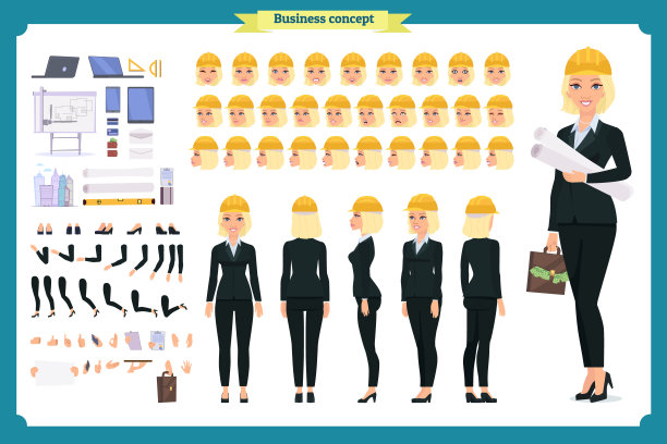 女建筑师穿着商务套装和防护头盔。人物创建集合。全长，不同的观点，情绪和姿态。构建自己的设计。信息图表说明图片下载