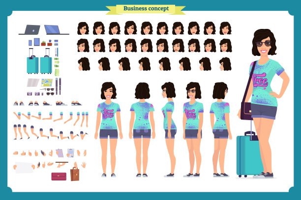 旅游女性、度假旅行者人物塑造集。全长，观点，情绪，手势，棕褐色的肤色，白色的背景。构建自己的设计。图片下载