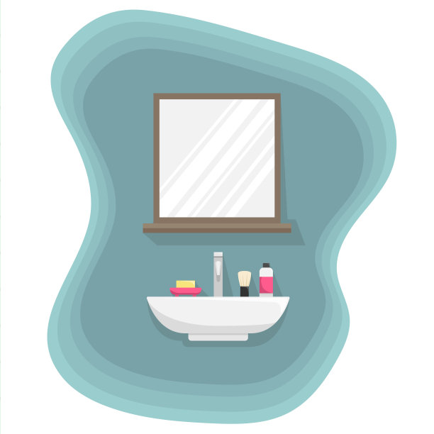 浴室内部的平面彩色插图。有镜子的水槽。图片下载