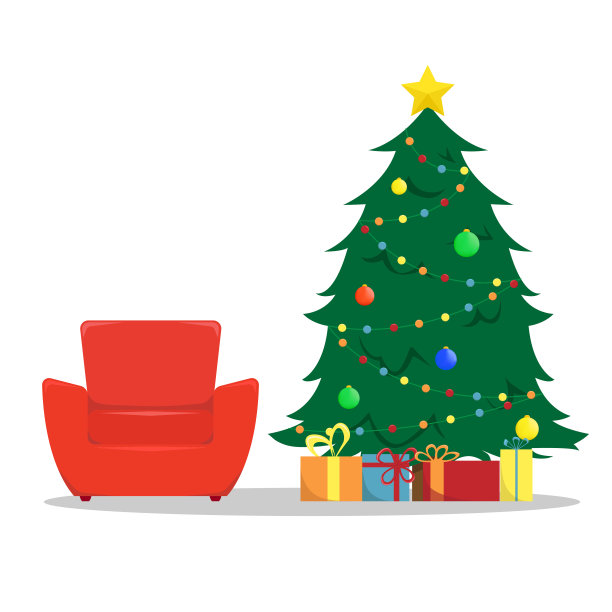 扁平的新年矢量插图与圣诞树和礼物。图片下载