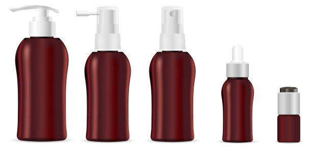 现实的棕色化妆品瓶与分配器泵液体霜，软膏，洗剂，洗发水，肥皂，油。矢量模拟模板。图片下载