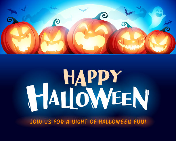 万圣节快乐。杰克灯派对。月光下的万圣节南瓜片。素材图片