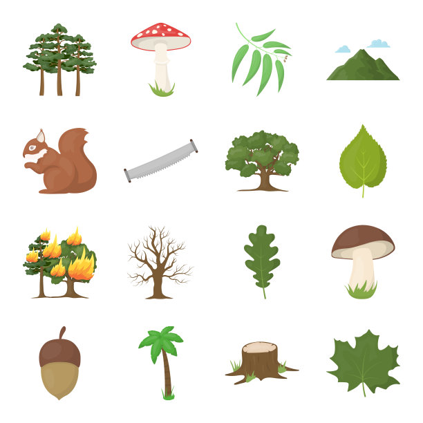 森林和自然卡通图标的集合设计。森林生命矢量符号股票网络插图。图片下载