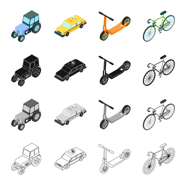 农用拖拉机、城市交通自行车、汽车、儿童滑板车。运输集集合图标在卡通黑色单色轮廓风格向量符号股票插图等距网。图片下载