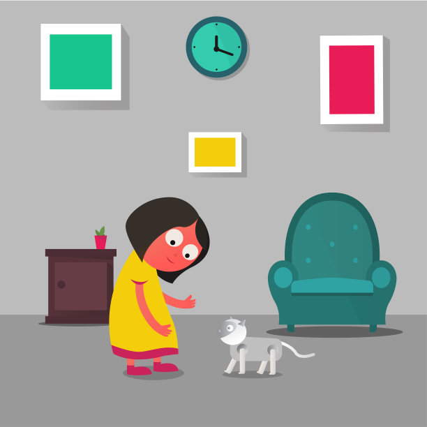 小女孩玩家猫机器人。图片下载