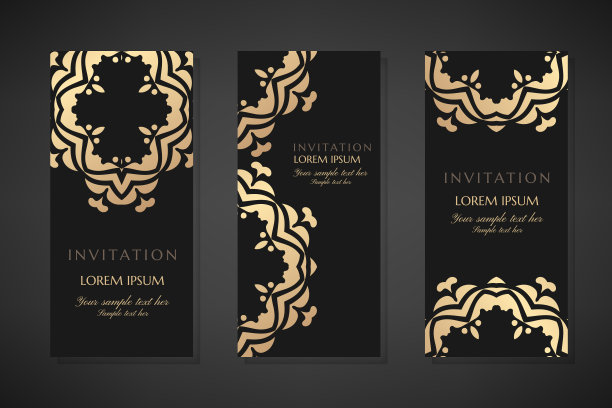 邀请模板。封面设计与黄金饰品和黑色背景。带有拷贝空间的矢量装饰垂直薄片。图片下载