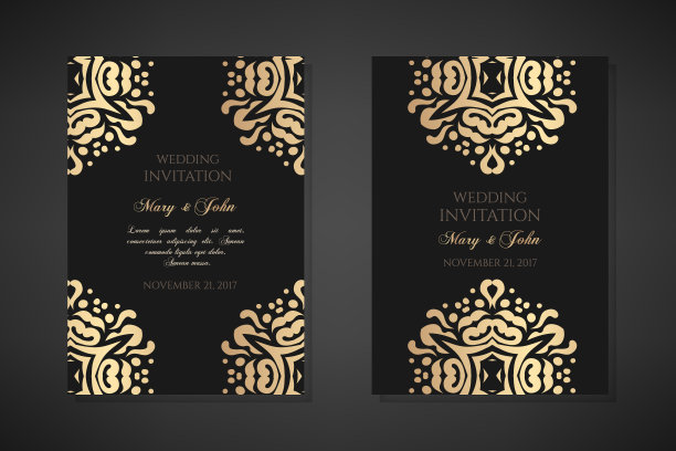 婚礼邀请函模板。封面设计与装饰和黑色背景。矢量装饰垂直海报与复制空间。图片下载