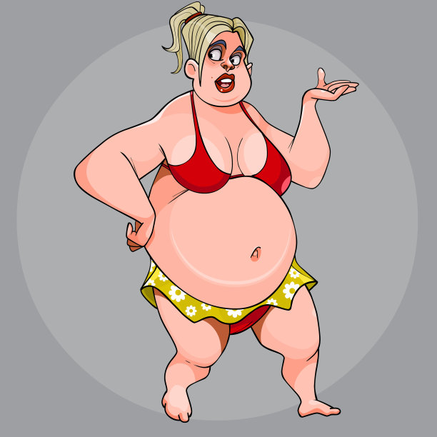 卡通滑稽的大肚子女人走在一个泳衣图片下载