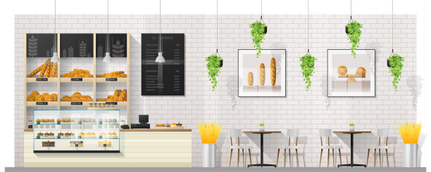 室内场景的现代面包店展示柜台，桌椅，矢量，插图图片下载