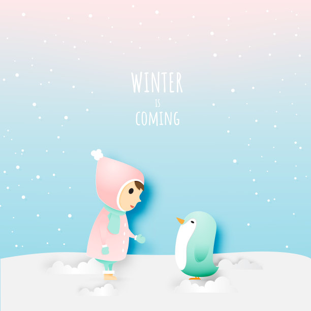 可爱的孩子与企鹅在纸艺术风格和冬天的背景图片下载