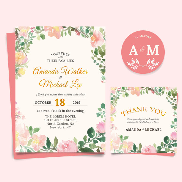 花艺婚礼请柬优雅，感谢卡设计，水彩风格图片下载