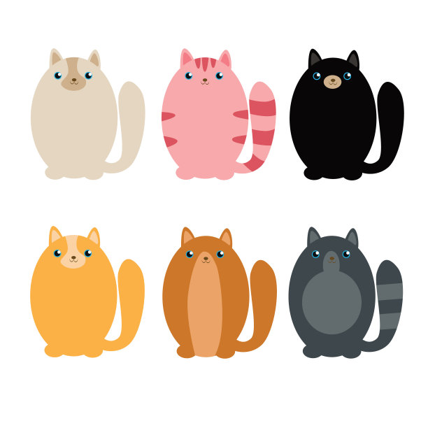 可爱又滑稽的各种各样可爱的猫的颜色，卡通人物图片下载