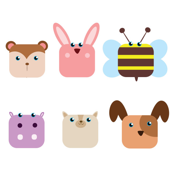 可爱有趣的动物头仓鼠，兔子，蜜蜂，河马，猫和狗，卡通人物图片下载