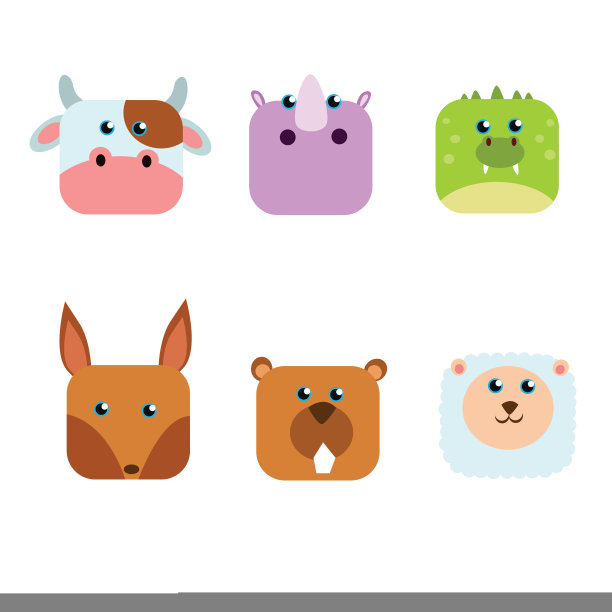 可爱有趣的动物脸奶牛，河马，鳄鱼，犰狳，海狸和绵羊，卡通人物图片下载