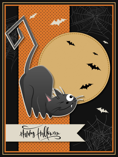 矢量插图与设计模板的万圣节活动旗帜与详细的明亮的黑猫，蝙蝠，蜘蛛网和快乐的万圣节手写标签图片下载